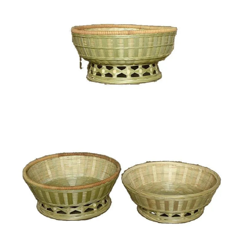 Handmade bamboo storage basket showing woven construction with three size options for household organisation