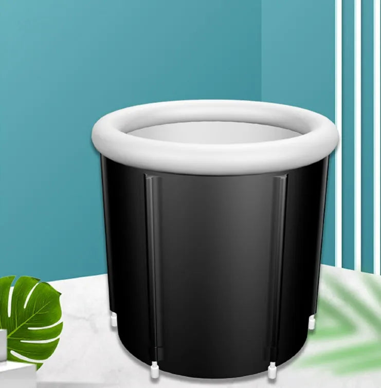 Black portable inflatable PVC ice bath with weather lid, shown at 70x80cm size