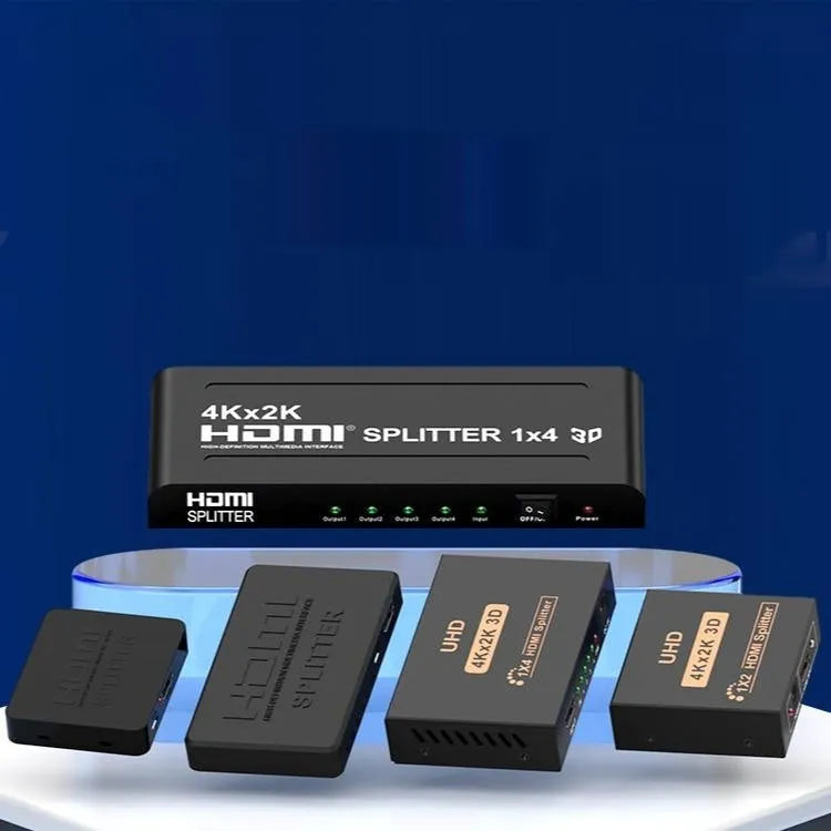HDMI splitter device with one input and two output ports, USB charger lead, and compact black housing