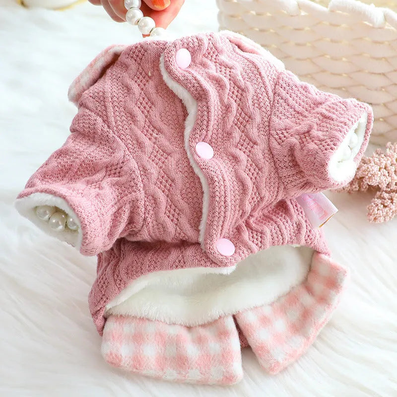 Blue or pink wool plaid pattern dog sweater with fleece lining and fake two-piece design