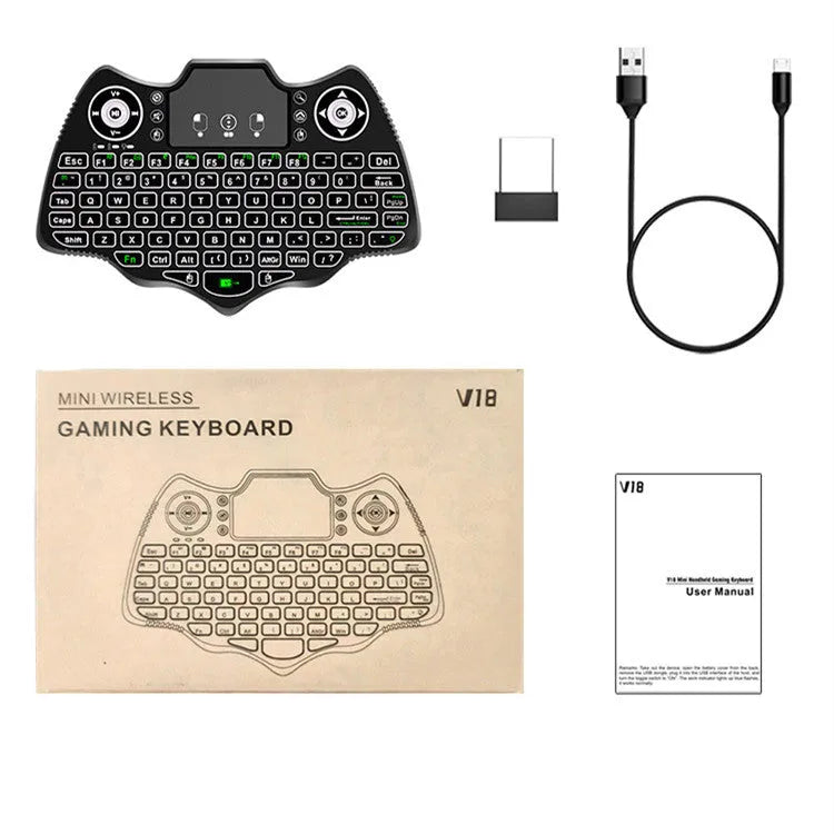 V18 black wireless mini flying keyboard mouse remote control with 88 keys and 2.4G wireless technology.