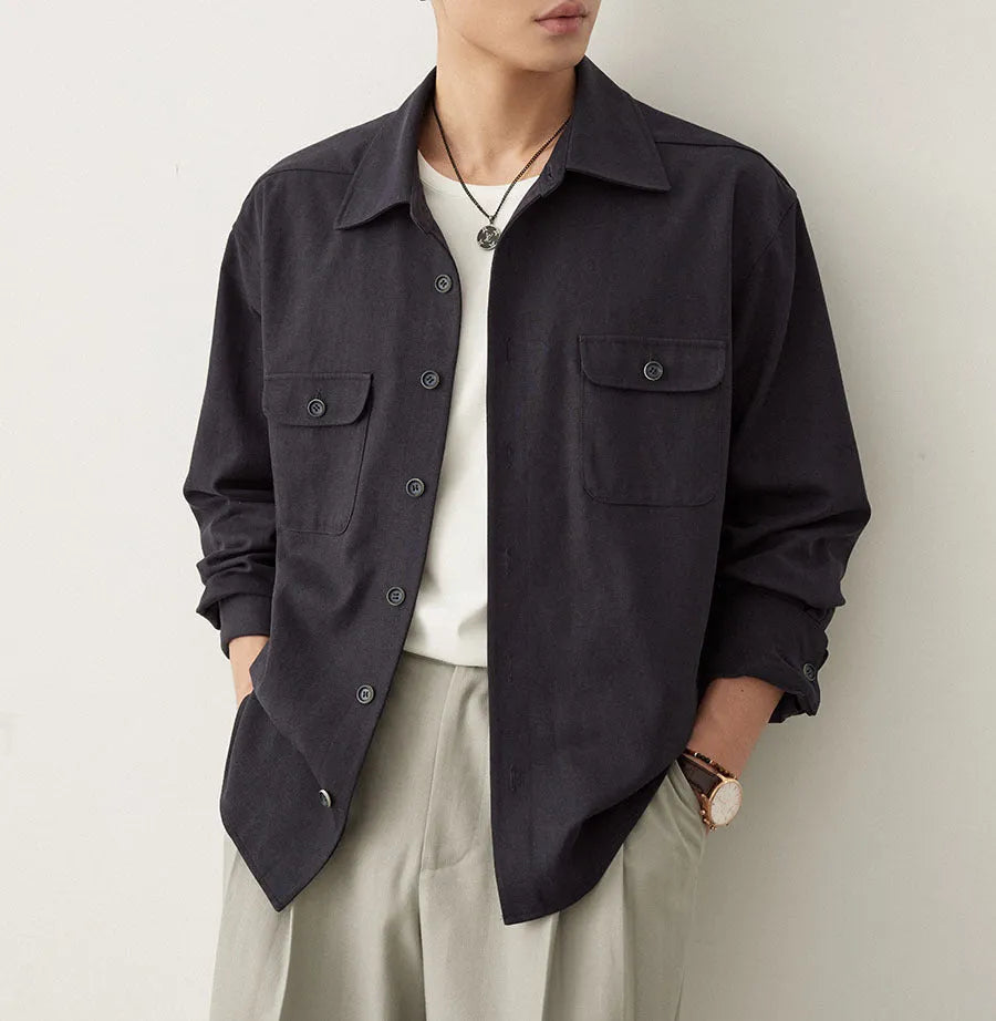 Men's light sand rice lapel collar shirt with long sleeves and chemical fibre blend fabric