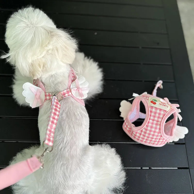 Pink and black cotton chest-back harness for small dogs with hand holding rope, adjustable sizing XS to 2XL