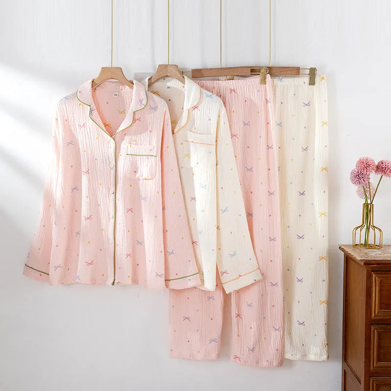 Women's cotton pajamas set in pink or beige with long sleeves and trousers, thin crepe fabric for home wear
