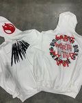 Black loose hooded sweatshirt with printed skull pattern and rhinestone details, cardigan style