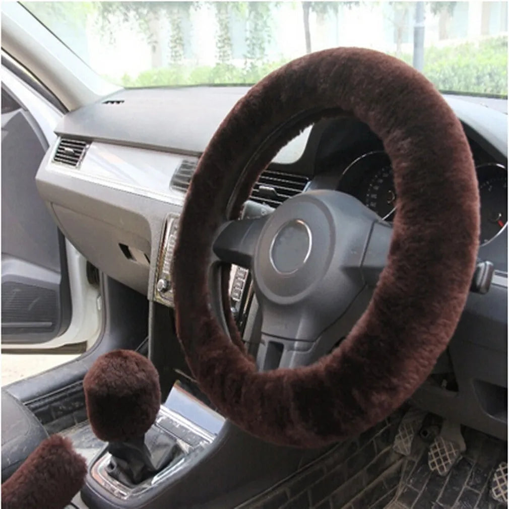 Plush car steering wheel cover set with handle and gear shift knob covers in six colour options