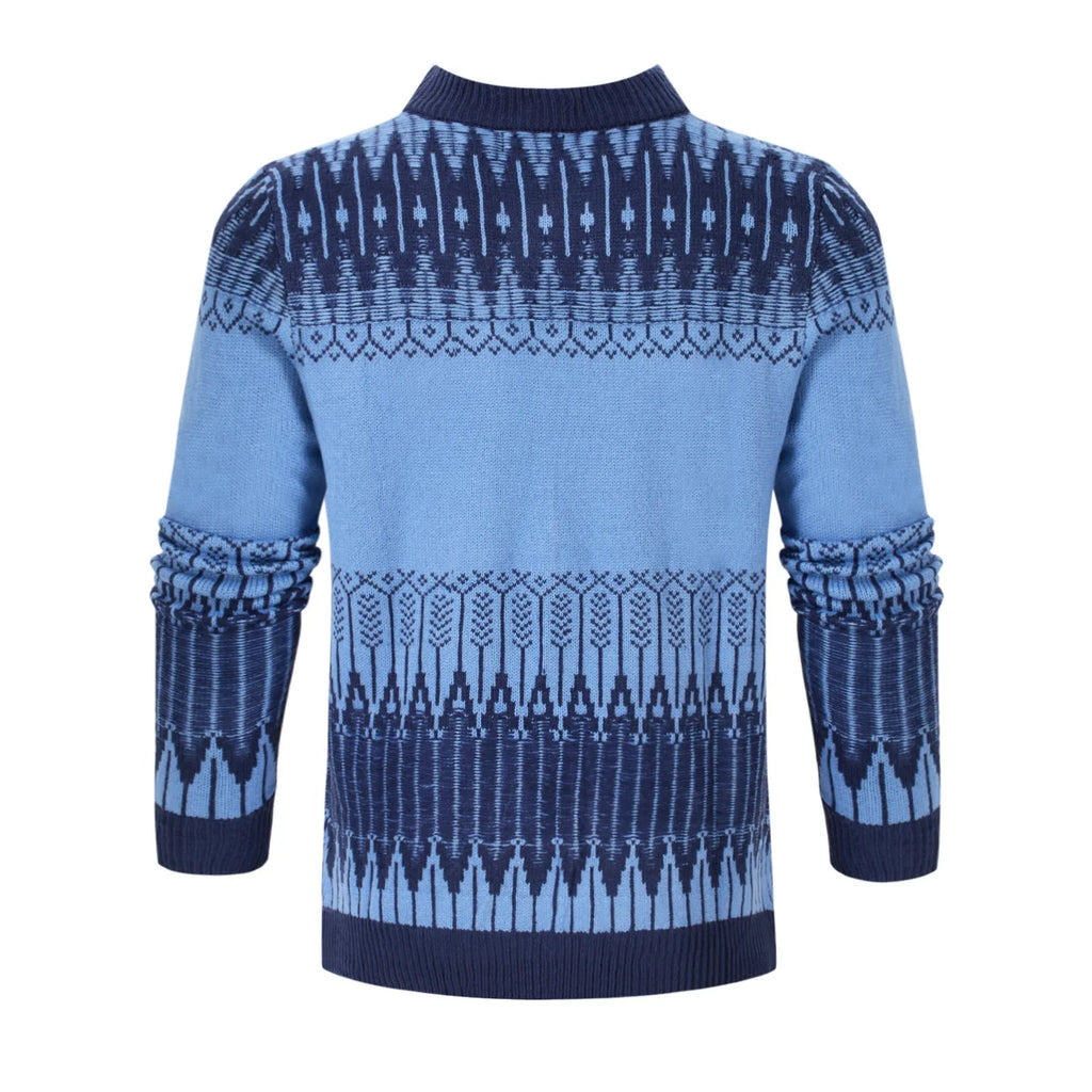 Men's grey knitted pullover sweater with ribbed crew neck and cuffs on a hanger.