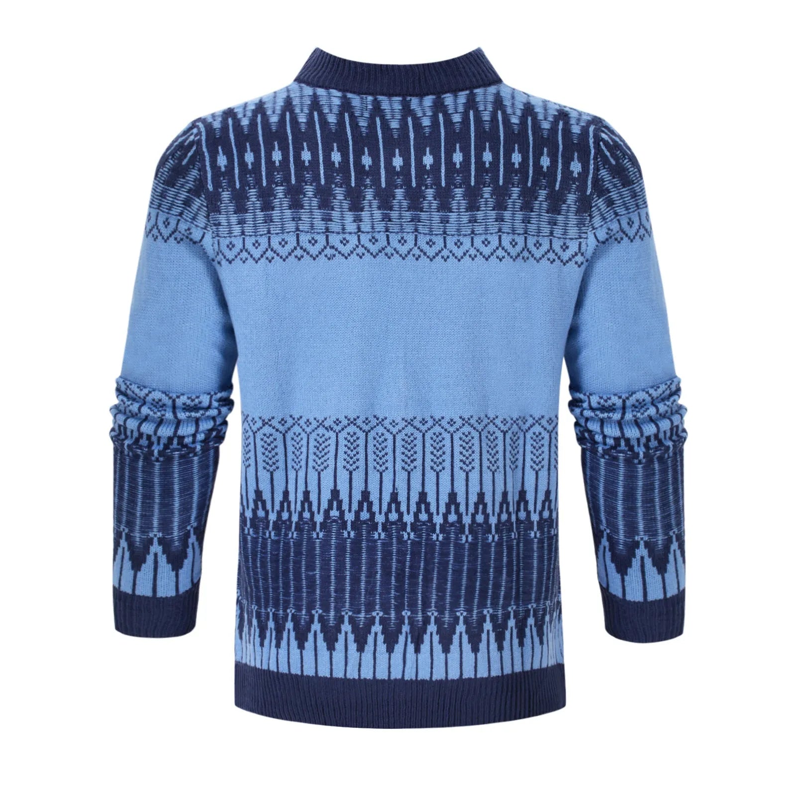 Men's grey knitted pullover sweater with ribbed crew neck and cuffs on a hanger.