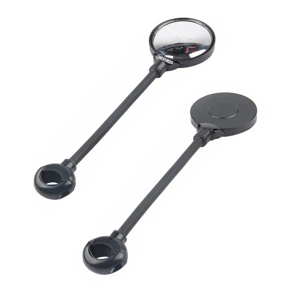 Black metal bicycle rearview mirror with hose adjustment system shown in dual pack configuration