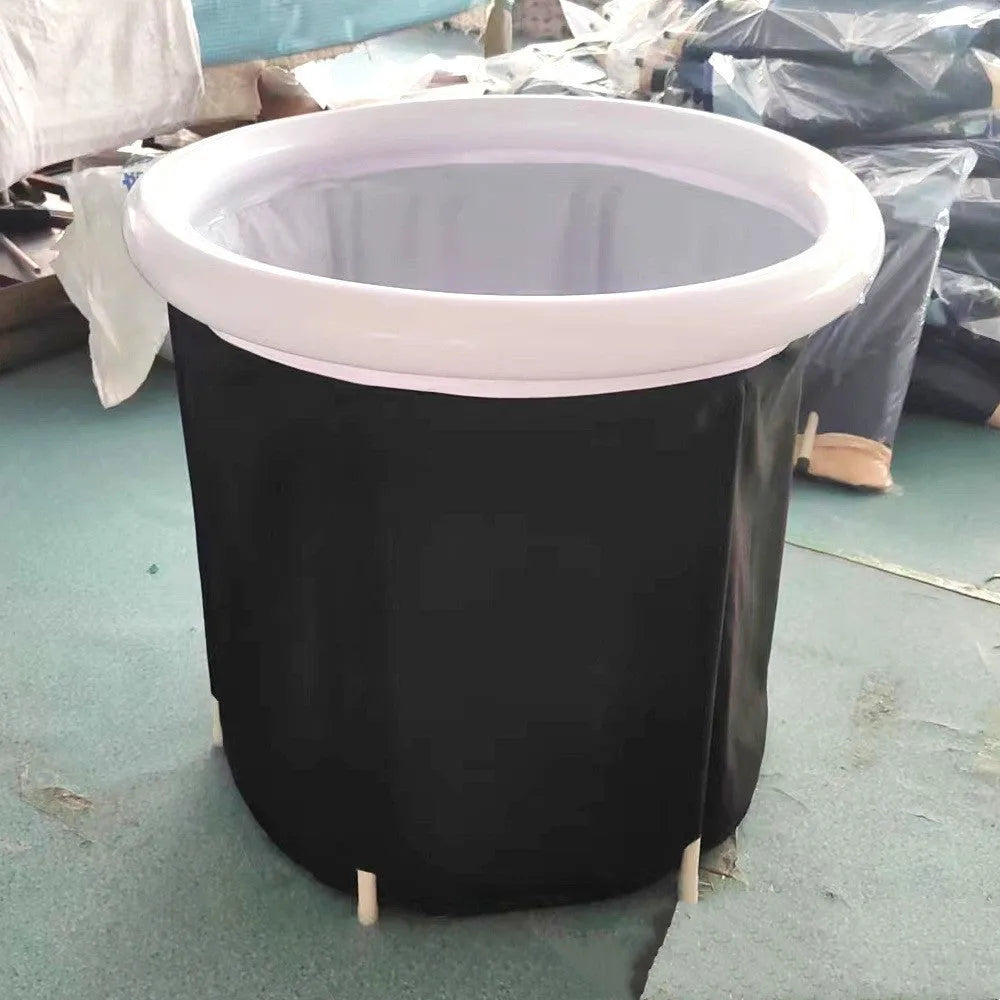 Black portable inflatable PVC ice bath with weather lid, shown at 70x80cm size