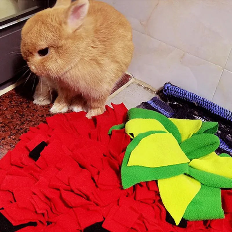 Red and green strawberry-shaped pet slow feeder mat with hiding spots for foraging