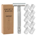 Old style manual double-sided shaver with alloy handle in a selection of colours including black, silver, and rose gold.