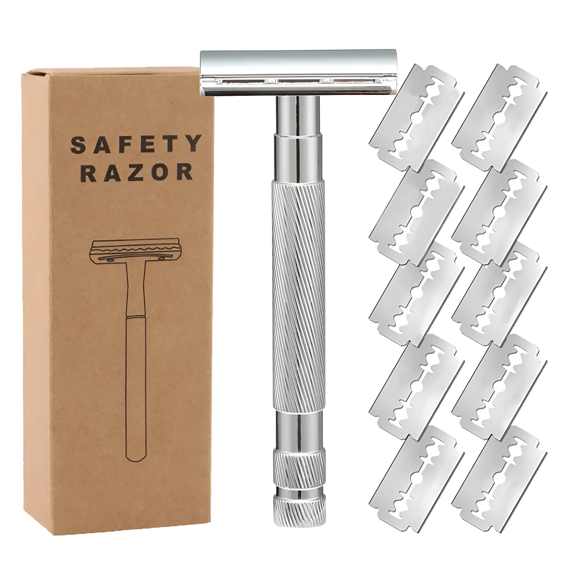 Old style manual double-sided shaver with alloy handle in a selection of colours including black, silver, and rose gold.