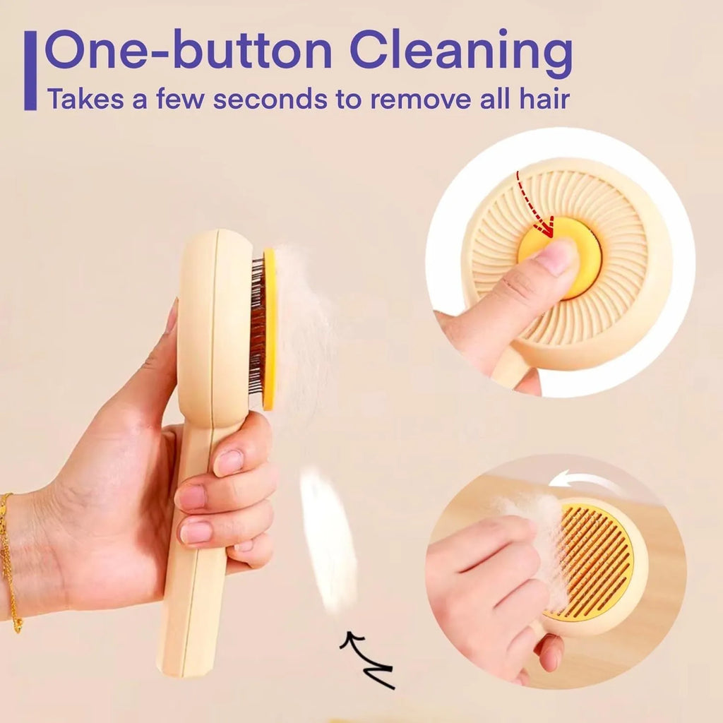 Blue and yellow cat grooming brush with self-cleaning button, measuring 170x80x45mm