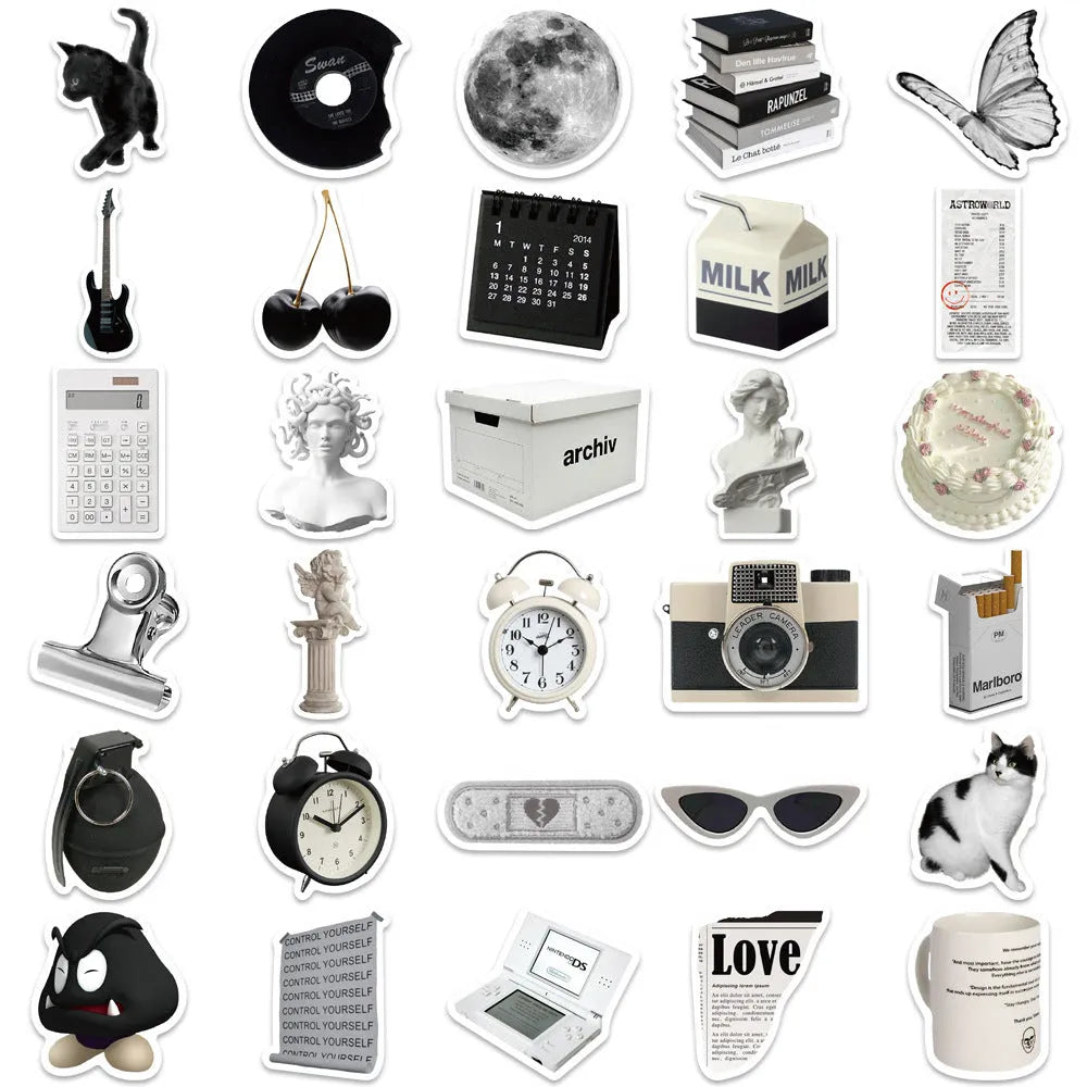 Black and white PVC waterproof sticker set with 61 designs for laptop and device personalisation