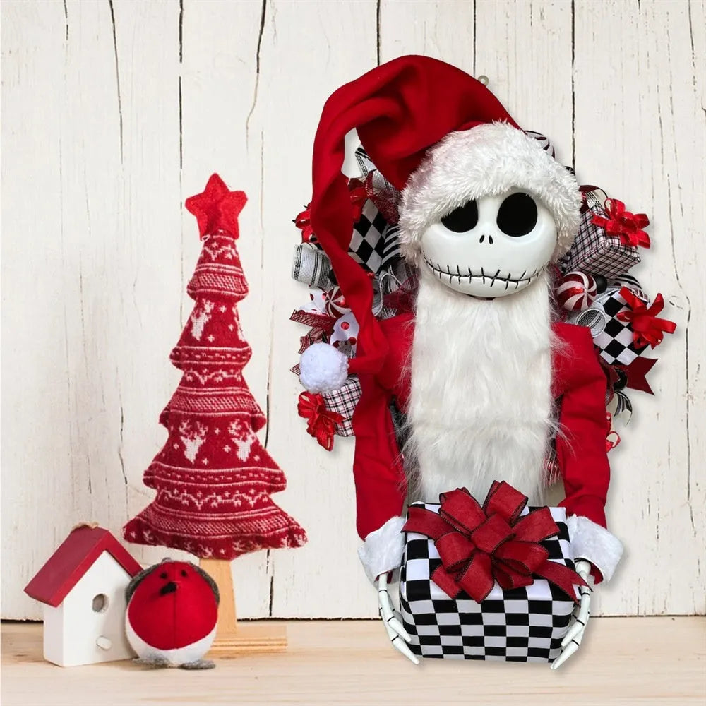 Three-dimensional Jack doll Christmas garland with wood and fabric construction for window displays
