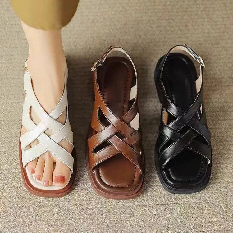 Women's patent leather low heel square toe beach sandals in black, brown, or off white with rubber sole
