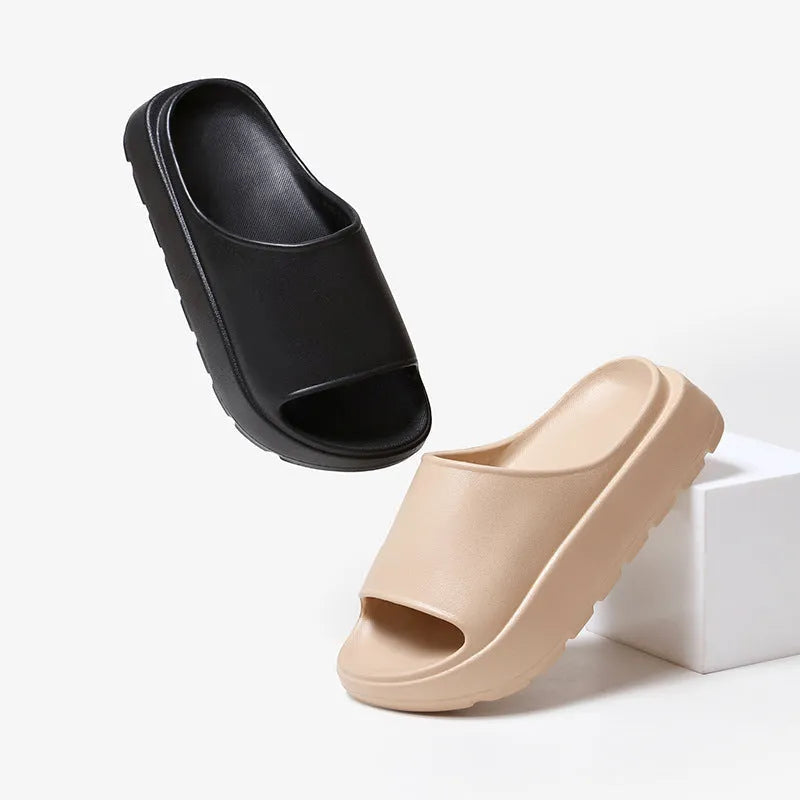 Women's beige fish mouth slippers with 5.5cm thick injection-moulded EVA soles for bathroom and beach use