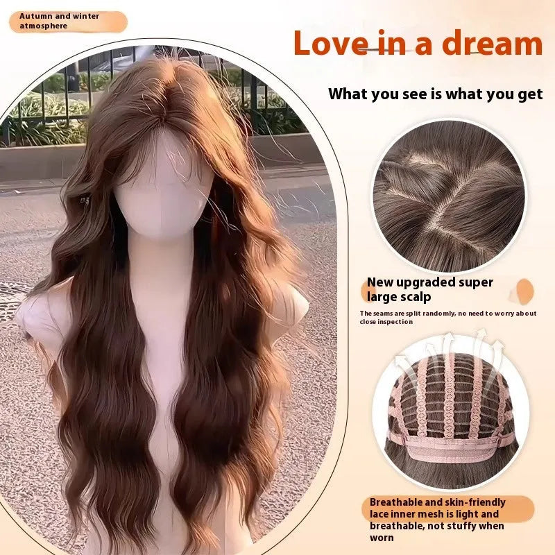 Full-head synthetic wig with long curly hair and side bangs in brown colour