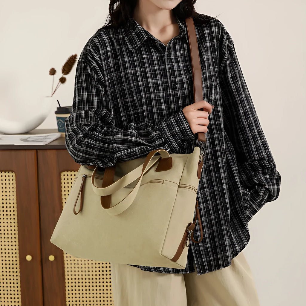 Large capacity retro canvas shoulder bag for women with internal organisation compartments