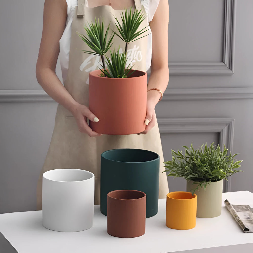 Nordic industrial style cylindrical ceramic succulent planter with drainage hole