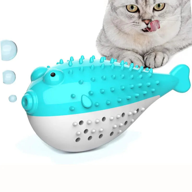 Blue silicone fish-shaped cat chew toy measuring 12.2cm with detailed scale texture for dental stimulation