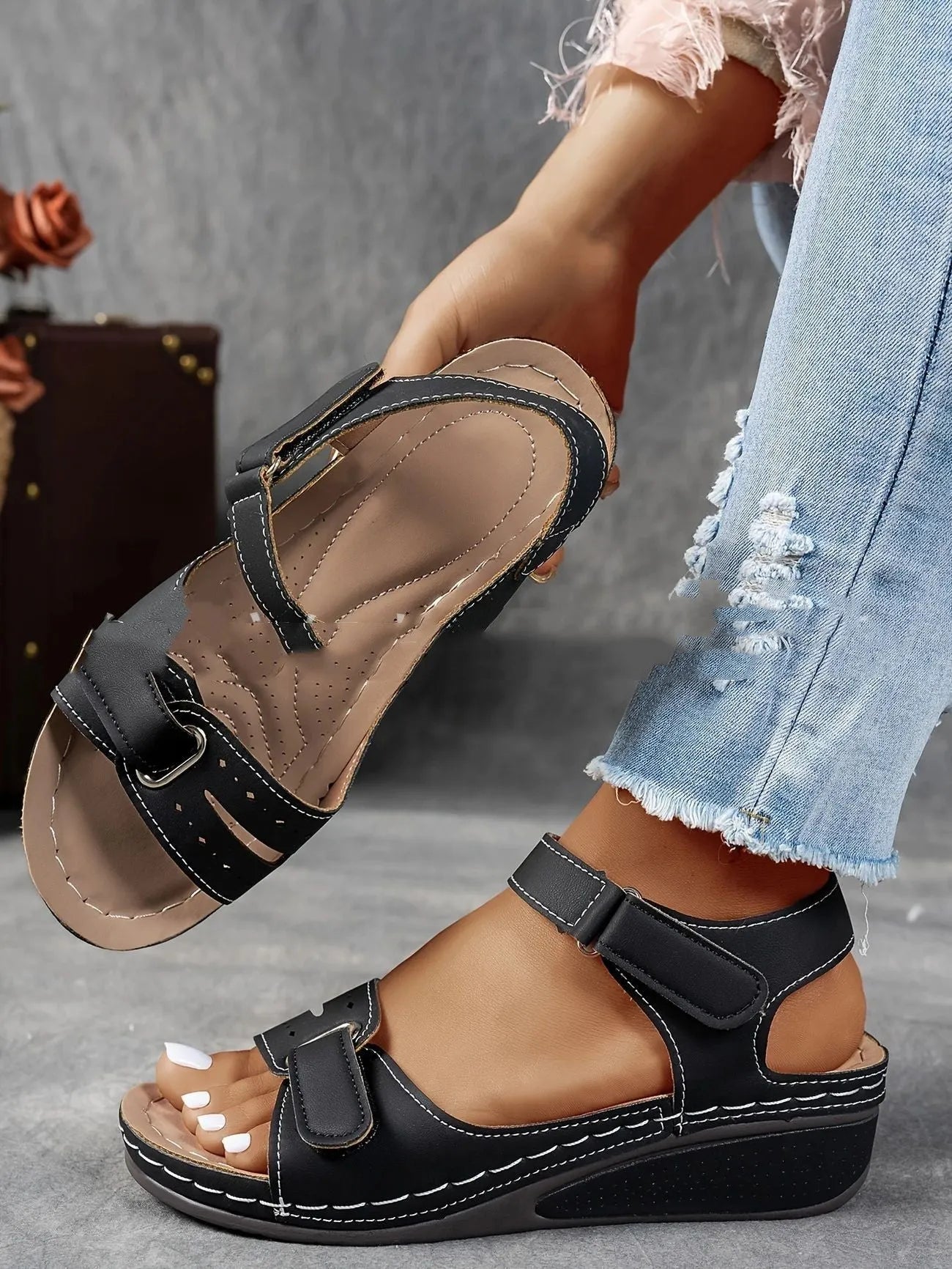 Women's plus size strap sandals with thick composite soles and adjustable Velcro fastening