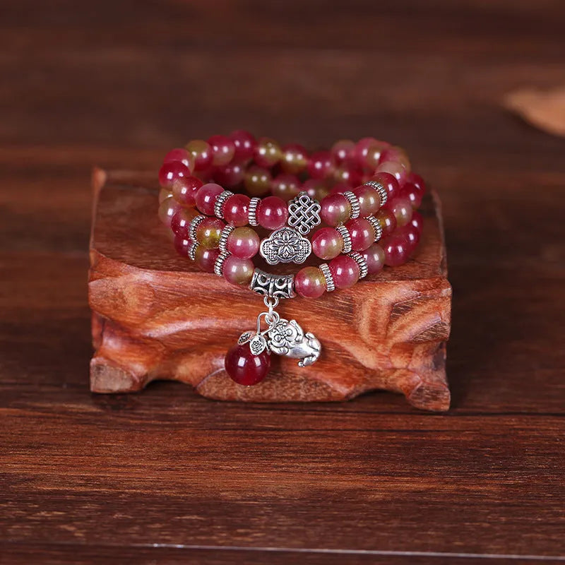 Handcrafted watermelon crystal bracelet with Chinese knot in 6mm or 8mm bead sizes