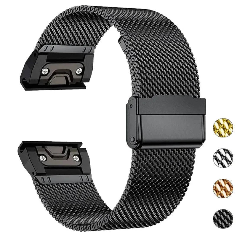 Stainless steel card strap for Garmin Fenix watches in silver, black, gold, rose gold with 20mm 22mm 26mm widths