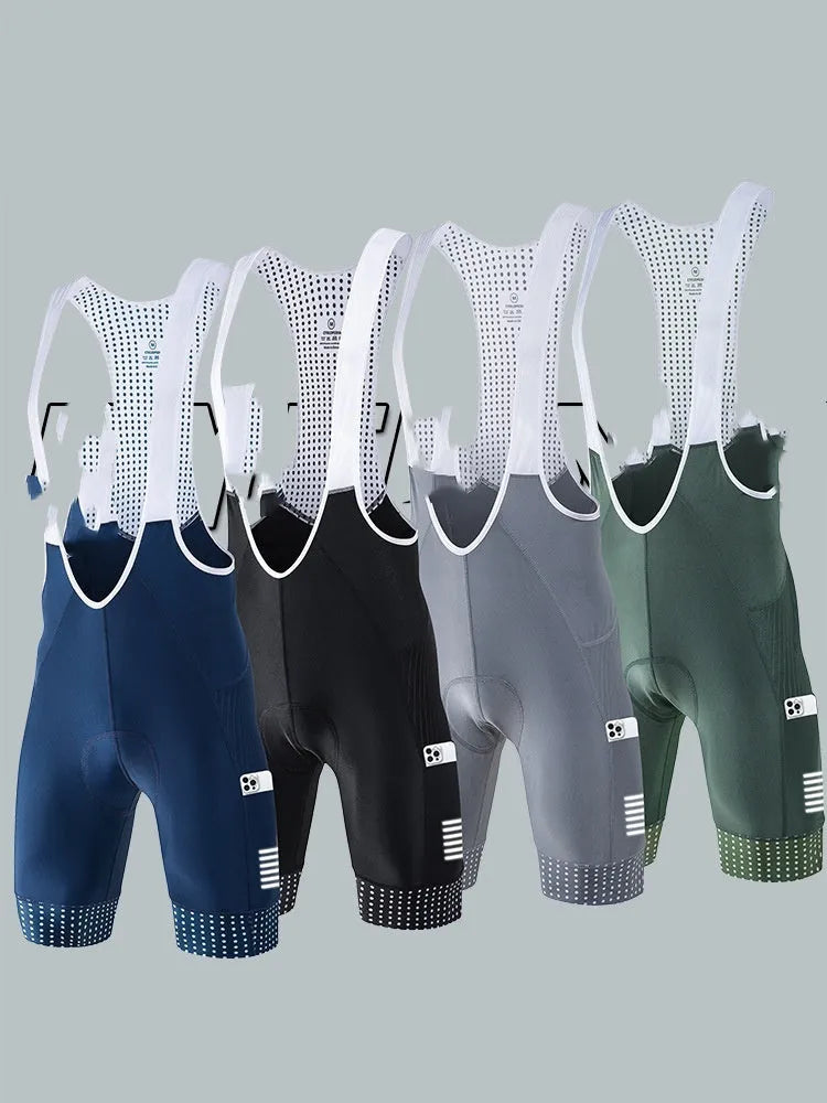 Men's black suspender shorts for road cycling with moisture-wicking polyester fabric