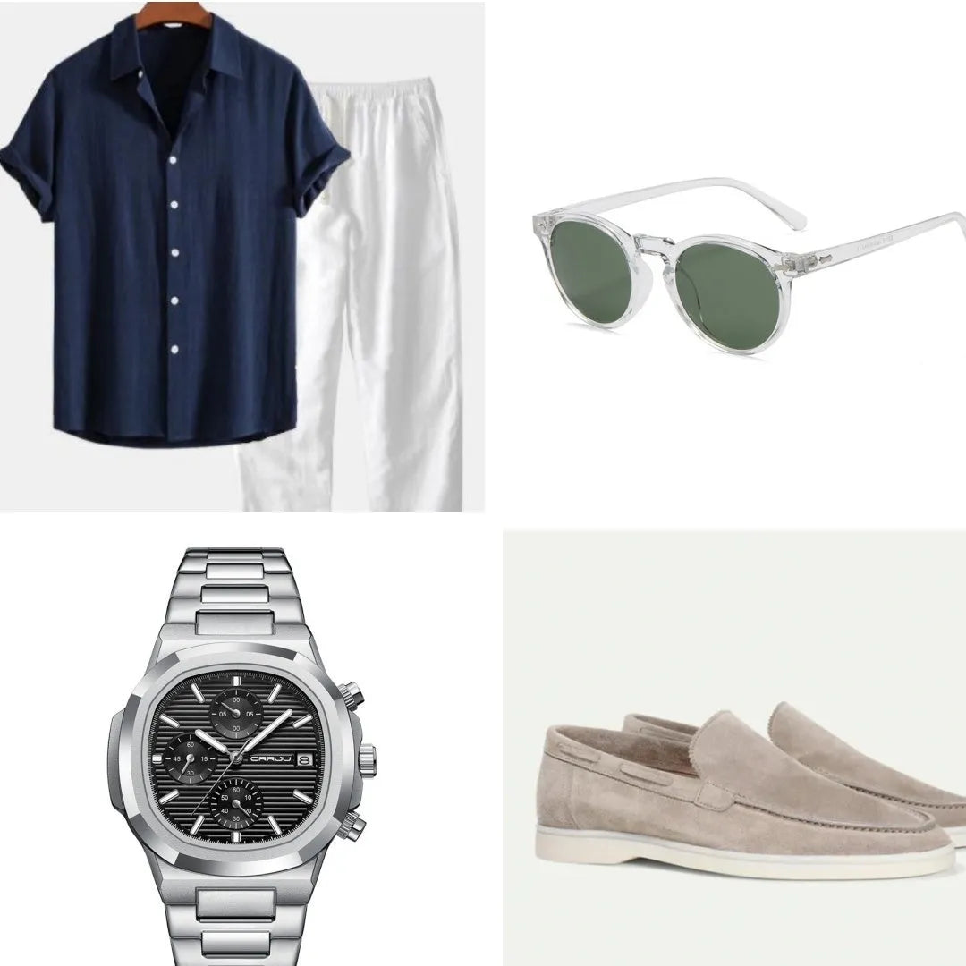 Casual cotton linen short sleeve suit in navy blue with half sleeves and matching trousers