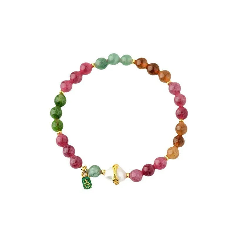 Geometric tourmaline and chalcedony crystal bracelet with 6.5mm beads