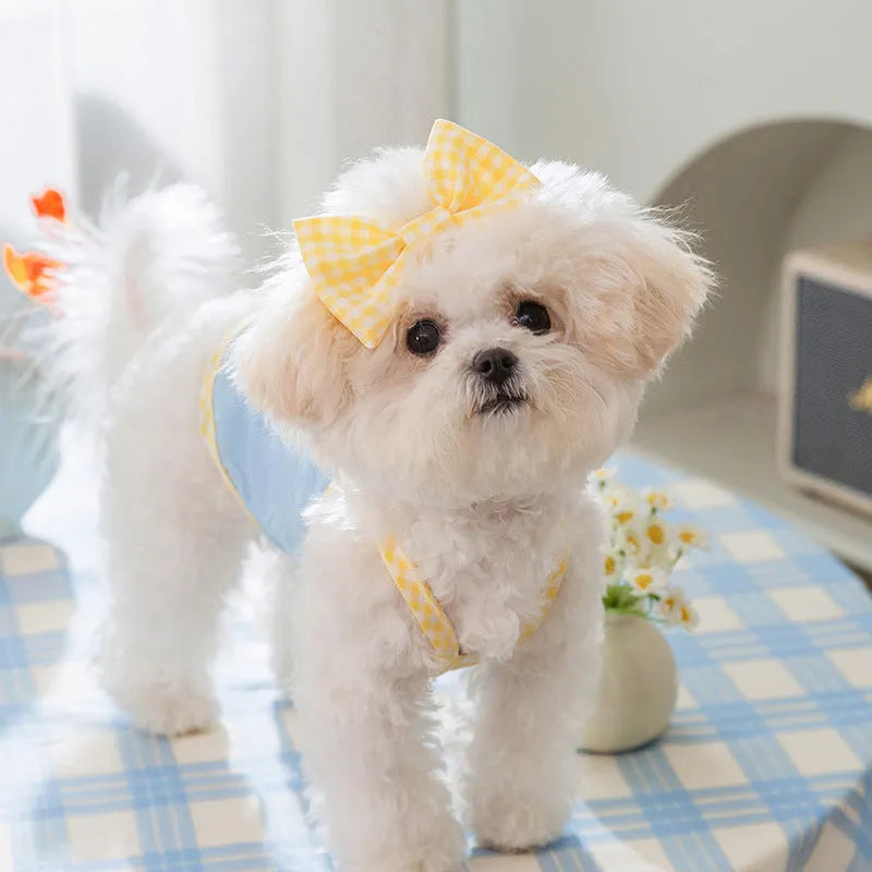 Small dog wearing blue elastic vest with bow suspenders, showing four-sided stretch design for 0.50-10.00kg pets