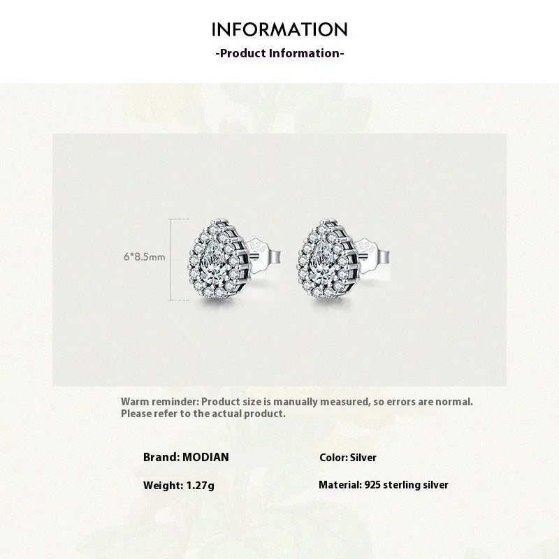 Women's 925 sterling silver water drop ear studs with diamond treatment process and post-and-clutch backing