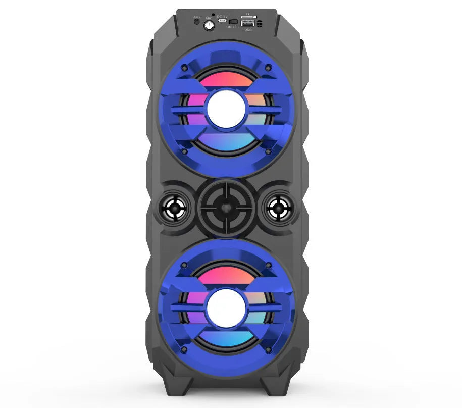 Portable Bluetooth speaker with colour lights and extendable pull rod in blue, red, or silver grey