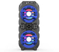 Portable Bluetooth speaker with colour lights and extendable pull rod in blue, red, or silver grey