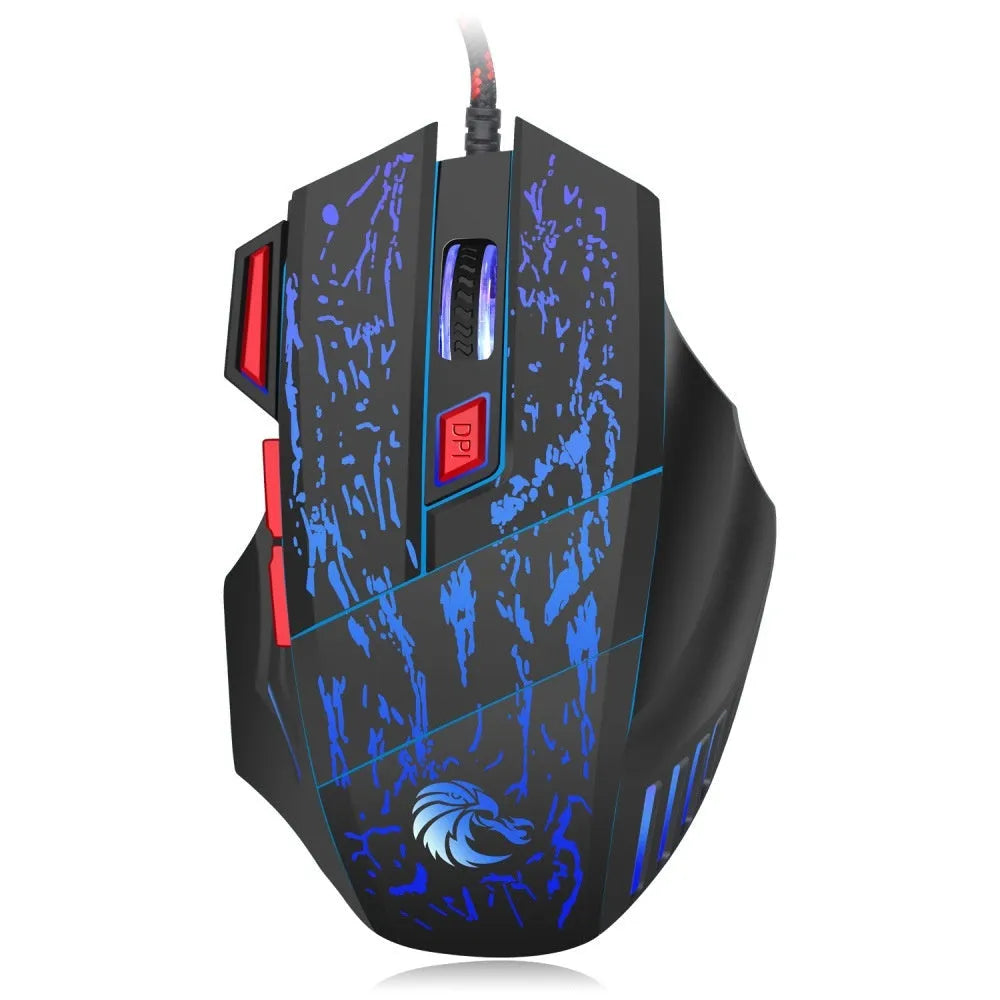 Water crack colourful luminous gaming mouse with USB cable on desktop surface