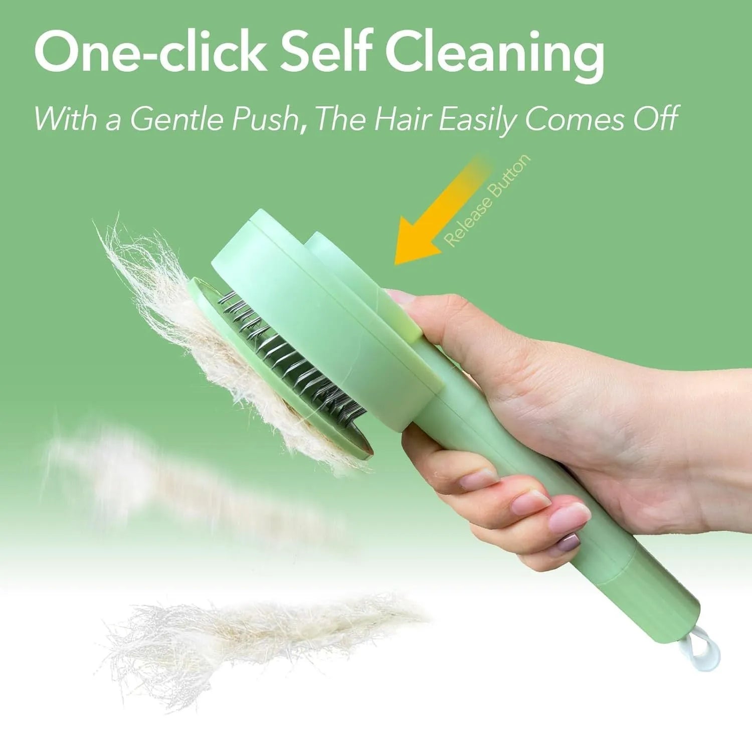 Green and yellow 2-in-1 pet grooming brush with stainless steel brush and hanging design