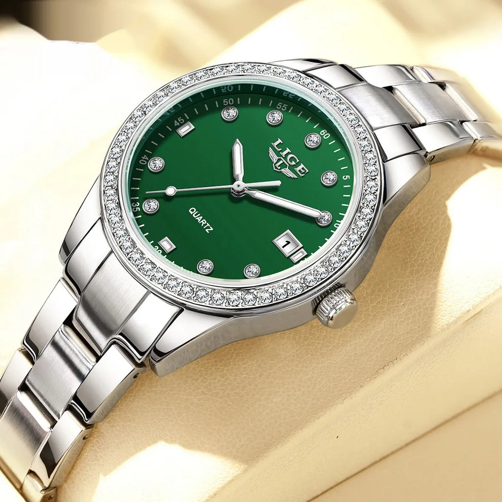 Fashion Girl Quartz Watch with round 34mm dial, diamond-encrusted bezel, and luminous hands in silver colour options