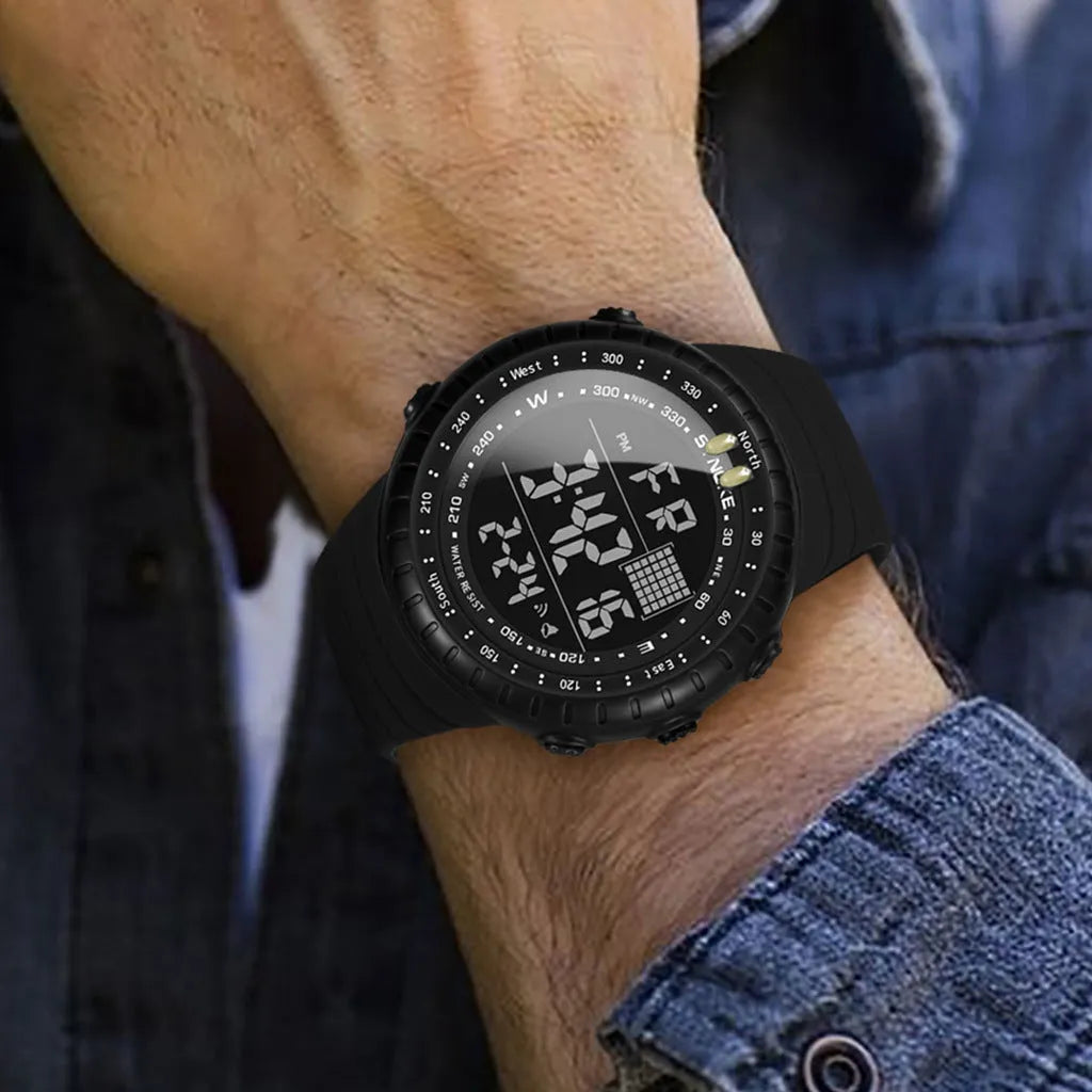 Black waterproof multifunctional outdoor electronic watch for men with large 54.74mm dial and PU strap