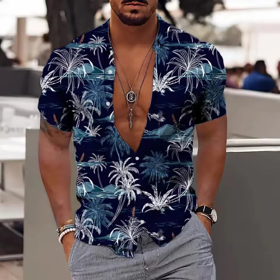 Men's loose fit short sleeve shirt with a colourful floral print, laid flat.