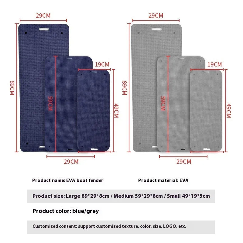 Blue EVA marine fender measuring 59cm long with 8cm thickness for boat hull protection