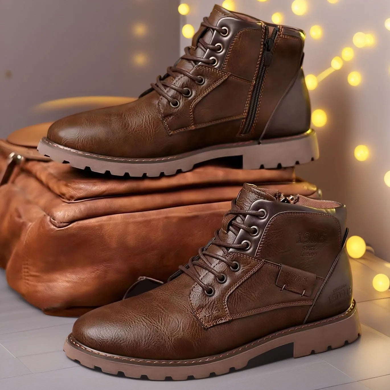 Men's brown ankle boot with a side zip and round toe on a rubber sole