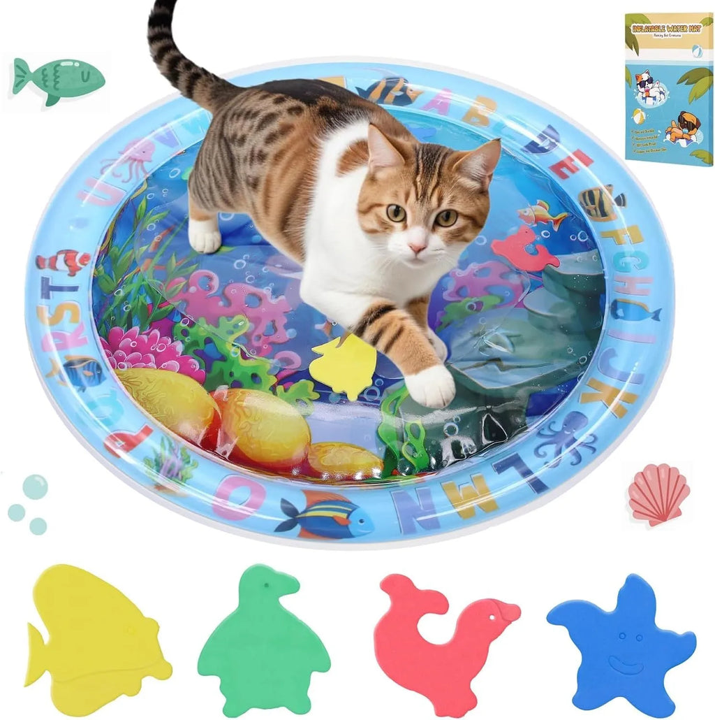 Water sensory playmat for cats and dogs with ocean fish theme, 4 floating toys, thickened PVC material, 8cm depth