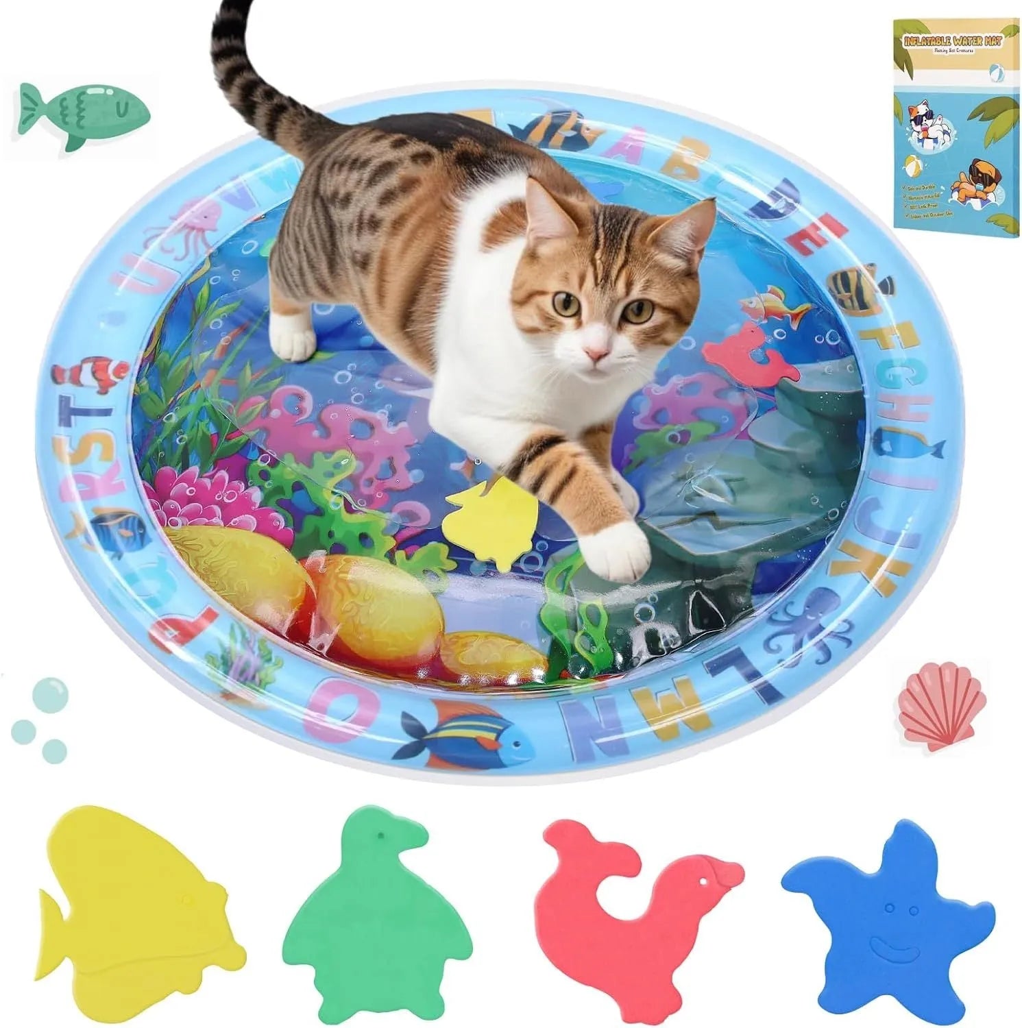 Water sensory playmat for cats and dogs with ocean fish theme, 4 floating toys, thickened PVC material, 8cm depth