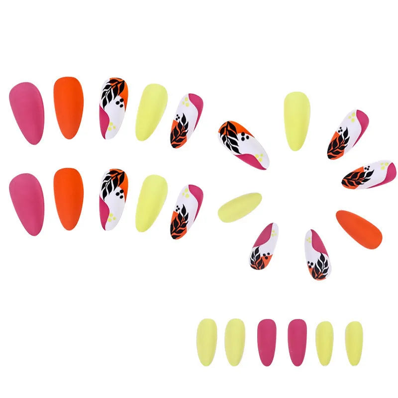 Wear Armour medium almond nail stickers with frosted tulip pattern in four designs: French leaves, leopard print, plating, and macaron