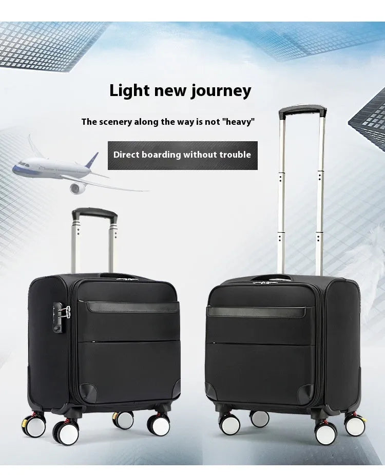 Black 18-inch business luggage with retractable handle and universal wheels made from waterproof Oxford cloth