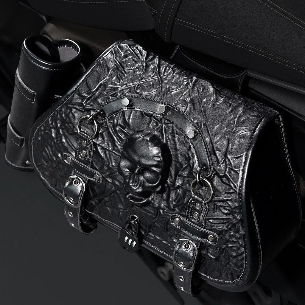 A pair of black PU motorcycle side bags with mounting hardware for luggage storage.