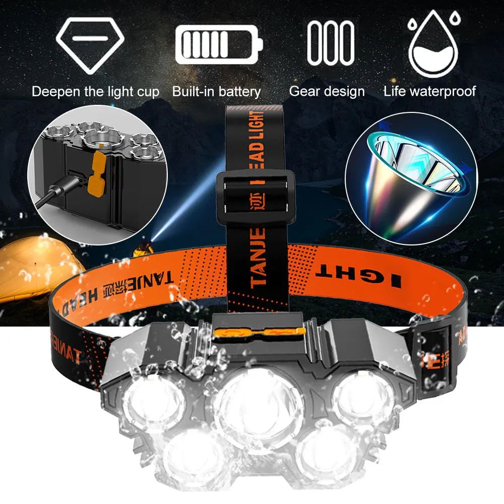 Rechargeable five head LED fishing headlamp with USB charging, 4500 lumens and 180-degree adjustable head