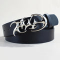 Silver buckle on 3.3cm wide PU leather belt showing snap fastening mechanism and 105cm length